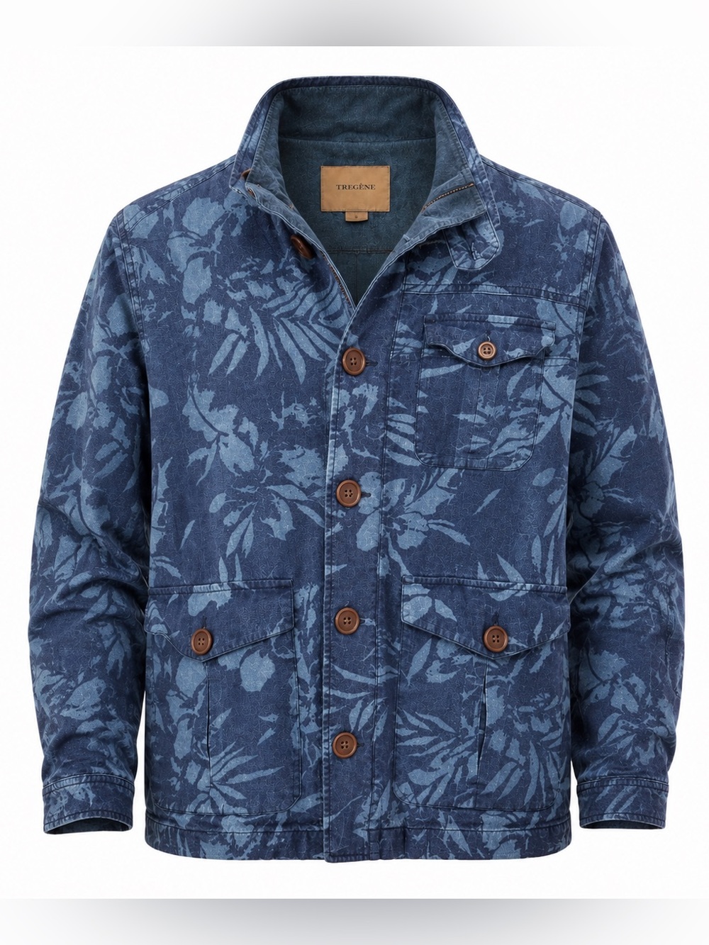 Tregene Blue Floral Enzyme Washed Linen Blend Utility Jacket Men’s Full Zip M